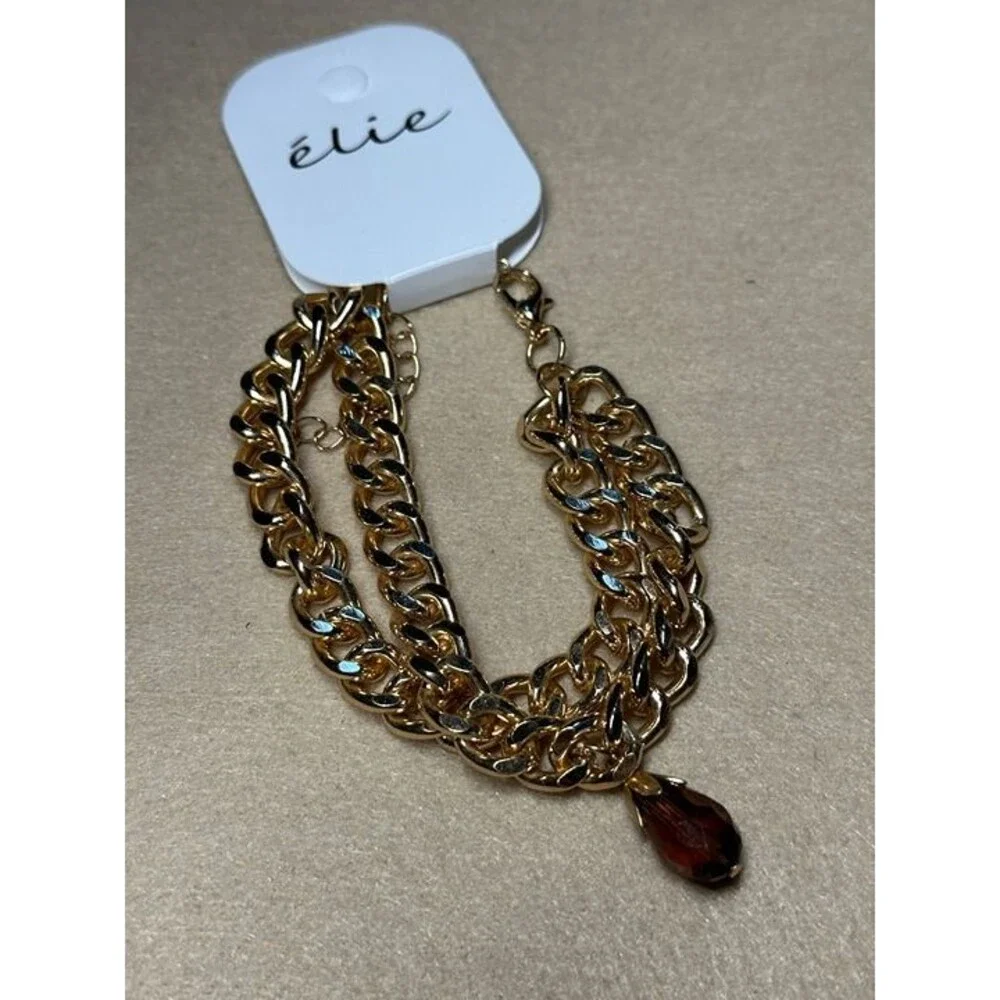élie Gold Chunky Chain Bracelet Brown Teardrop Charm NWT New Boho Jewelry Gift